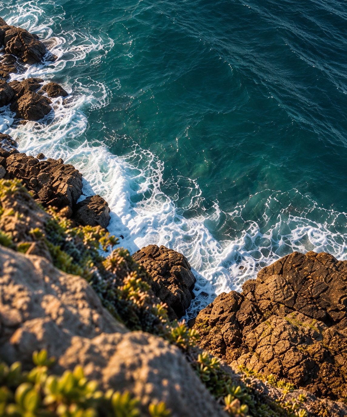 Aerial view of white waves breaking over dark rocky coastline into deep blue-green water